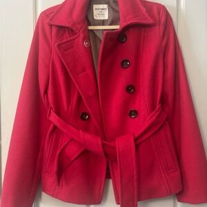 Old Navy Red Peacoat with Belted Waist and Wide Collar